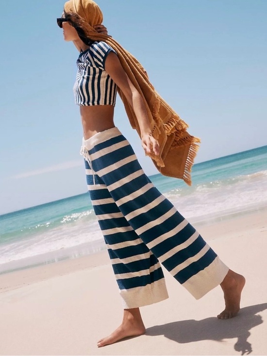 Free People Pants - free People Beach Striped Knit Two-Piece Set in Navy and Cream